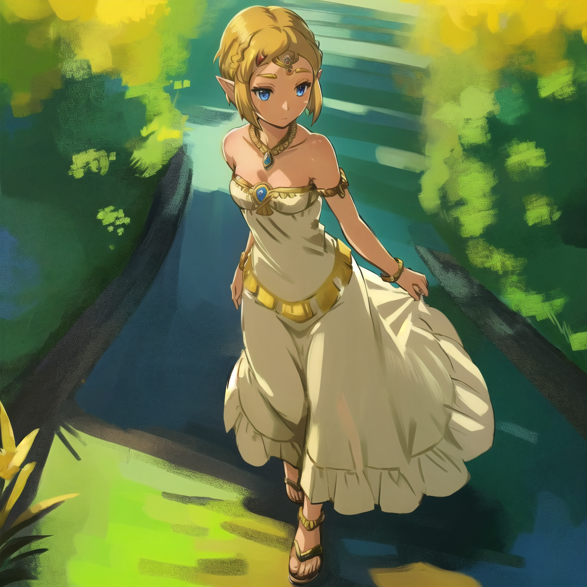 03898-2365352394-ZeldaTOTK, 1girl, princess zelda, solo, blonde hair, pointy ears, dress, jewelry, short hair, sandals, earrings, strapless, walk.png